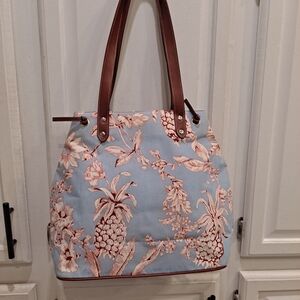 Liz & Co. Blue Brick Red Floral & Pineapple Cotton Shoulder Tote Bag Brown Trim